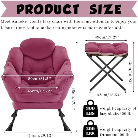 Lazy Chair with Ottoman, Comfy Reading Chair, Burgundy - Image 3
