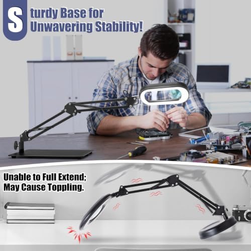 30X 12X Square Magnifying Glass with Light and Stand, Real Glass LED Lighted Magnifier, 5 Color Modes Stepless Dimmable, Hands-Free Mag Desk Lamp with Clamp for Reading Craft Hobby Close Work Black - Image 5