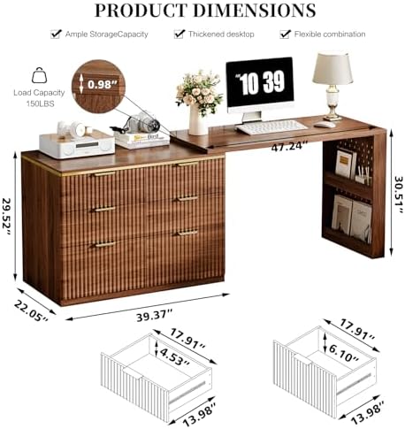 Ieejdn Computer Desk with 6 Drawers, 78" Modern Writing Desk with 0.98" Thickened Desktop & Storage Shelves, Adjustable direction & Extendable Executive Office Desk Study Table for Home Office, Walnut - Image 2