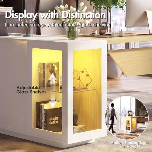 74.4" L-Shaped Executive Desk, Large Office Desk, White + Light Wood - Image 6