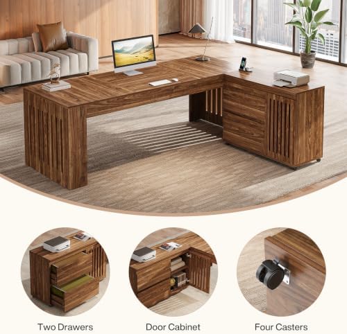 Tribesigns 70.87" Executive Desk with Mobile File Cabinet, Large L-Shaped Computer Office Desk with Rolling Storage Drawers, Business Workstation Set with Slatted Legs for Home Office, Brown - Image 7