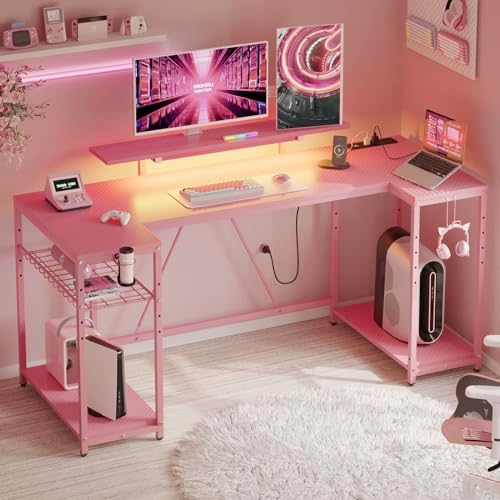 Bestier Pink Gaming Desk, 63 inch U Shaped, Pink 3D Carbon Fiber by Bestier