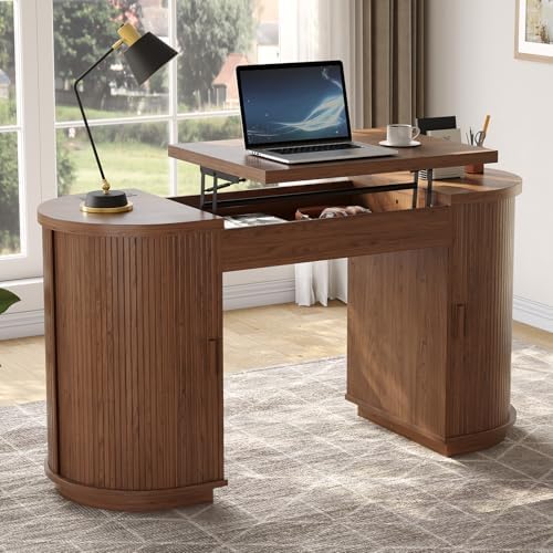 ONBRILL 59 Inches Office Desk with Lift Top, Fluted Executive Desk Walnut by ONBRILL
