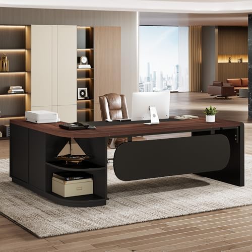 Tribesigns 80'' L-Shaped Desk, Large Executive Office Desk with 55'' Drawers Cabinet, Modern Computer Table with Storage Shelves, Business Furniture for Home Office, Walnut & Black by Tribesigns