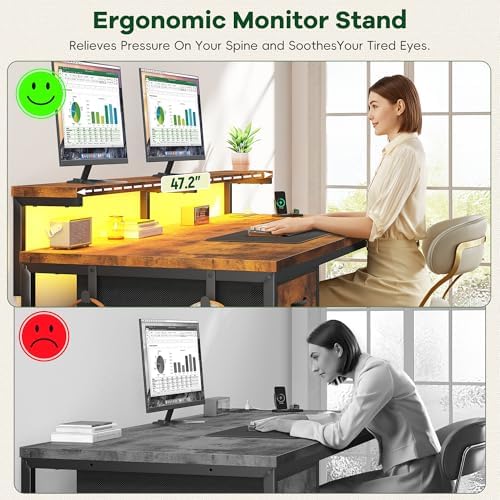 DurayLoly 47.2" Office Desk with Power Outlet & Monitor Stand,Rustic Brown - Image 5