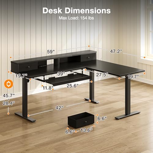 Casaottima 59" L Shaped Electric Standing Desk with Drawers, Black - Image 3