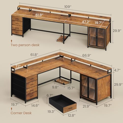 SEDETA L Shaped Gaming Desk with 4 Drawers, 109” Computer Desk with Display Cabinet, Home Office Desks with 2 Monitor Stands, CPU Stand, LED Lights and Power Outlet, Rustic Brown - Image 3