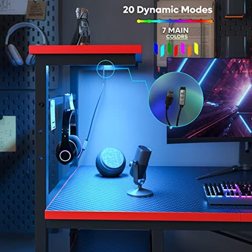 Bestier 61 Inch Gaming Desk with LED Lights, Reversible Shelves, Height Adjustable Shelf, Steel Frame, CARB P2 Class Board, Black 3D Carbon Fiber - Image 5