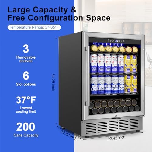 24" 200-Can Beverage Fridge, Under Counter/Freestanding with Glass Door - Image 3
