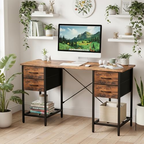 Sweetcrispy 56" Computer Desk with 4 Drawers and Shelve, Brown - Image 2