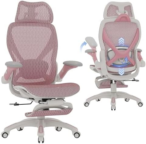 ELABEST X100 Ergonomic Mesh Office Chair with Footrest, Big and Tall Home Desk Chair with 5D Flip-Up Arms, Adjustable 3D Lumbar Support, Gaming & Executive Computer Chair (Peach Blossom) by ELABEST