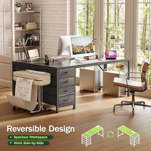 PRAISUN 63 Inch Computer Office Desk with Power Outelts and USB-C Port, Reversible Gaming Desk with 4 Fabric Drawers, Work Study Desk Work from Home, Grey - Image 4