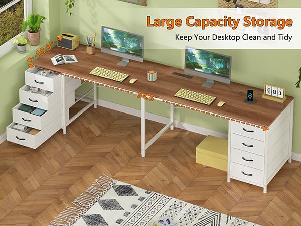95" 2 Person Desk with 8 Fabric Drawers for Home Office, Living Room - Image 3