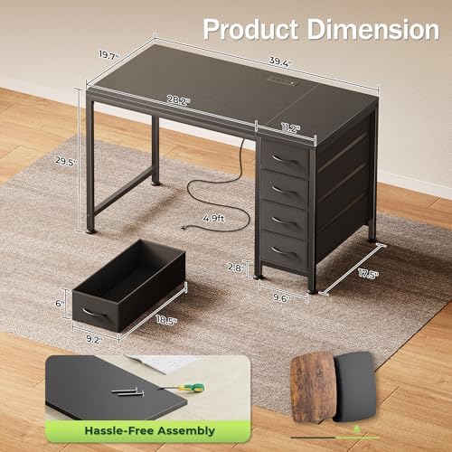 PRAISUN 39.4 Inch Computer Office Desk with Power Outelts and USB-C Port, Reversible Gaming Desk with 4 Fabric Drawers, Work Study Desk Work from Home, Black - Image 3