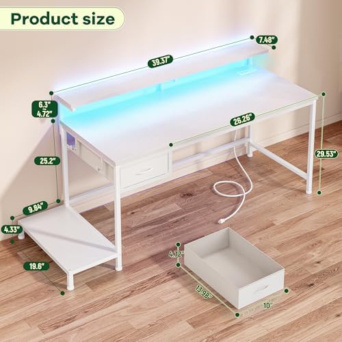 DurayLoly 39.3" Computer Desk with Power Outlet & Fabric Drawer,White - Image 3