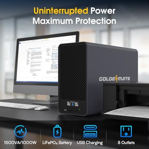 GOLDENMATE 1500VA/1000W Lithium UPS Battery Backup & Surge Protector, Gray - Image 2