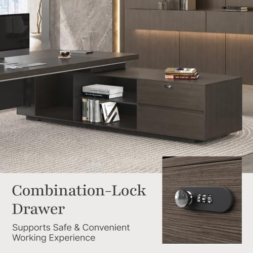 Reversible L-Shaped Executive Desk with Drawers, Storage Cabinet, Built-in Power Hub & Privacy Panel, Obsidian Grey & Mocha Walnut (94" L * 69" W * 30" H) - Image 6