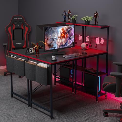 Bestier 44" Gaming Desk with LED & Storage,Gamer Desk, Carbon Fiber Black - Image 2