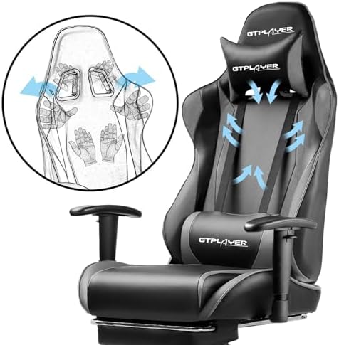 GTPLAYER Gaming Chair with Footrest, Ergonomic Computer Game Desk Chair, Reclining Gamer Chair Seat Height Adjustment, Swivel Rocker with Headrest and Lumbar (Gray) - Image 5