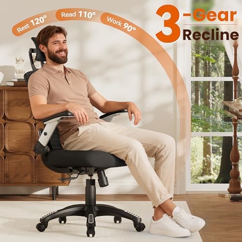 GABRYLLY Ergonomic Office Chair, High Back Home Desk Chair with Flip-Up Arms, 3D Headrest, 90-120° Tilt and Wide Cushion Seat, Big and Tall Computer Chairs for Man Woman, Mesh Chair -Midnight Cloud - Image 6