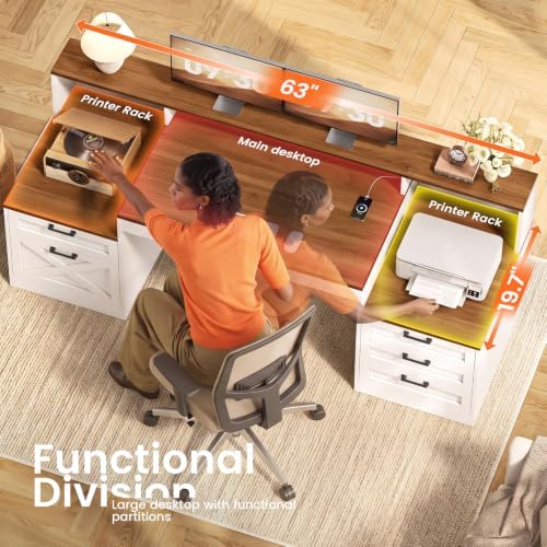 SEDETA 63" Farmhouse Office Desk with 5 Drawers, White and Brown - Image 5