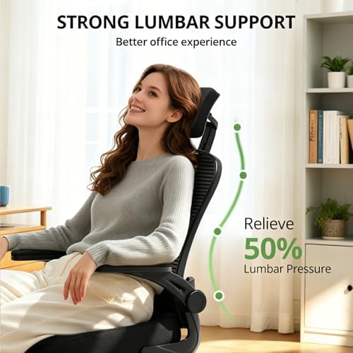 Office Chair Ergonomic Desk Chair, 330LBS Capacity, High Back Computer Chair for Long Hours Comfortable, Rolling Swivel Executive Task Chair for Home Office with Flip-up Armrests, Black Black-Chrome - Image 4