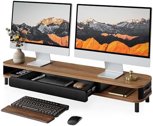Fenge Dual Monitor Stand with Large Storage Drawer, 42.5" Desk Shelf, Brown by Fenge