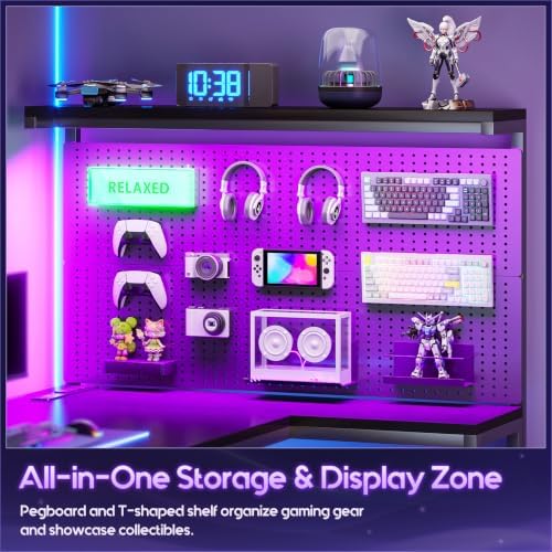 AODK 55" L Shaped Gaming Desk with Pegboard Hutch, LED Lights, Black - Image 4