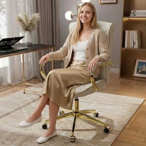 HomeZeer White and Gold Office Chair, Luxury Leather Executive Desk Chair - Image 5