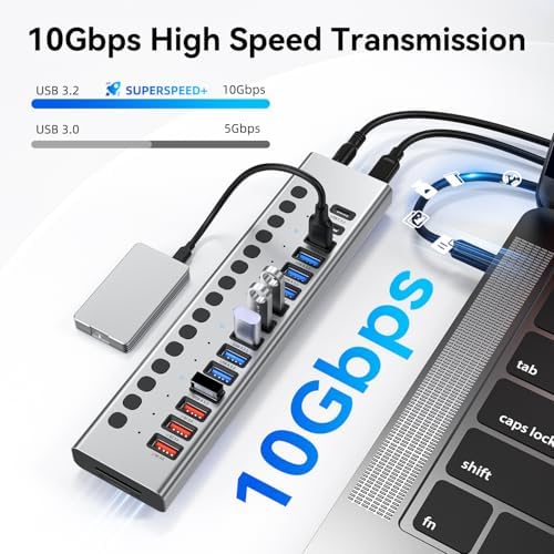 VANGREE Powered USB Hub 10Gbps, 17 Ports USB 3.2 Hub, 96W Power Adapter - Image 3
