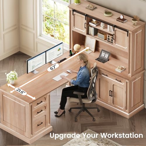 SEDETA 67" Farmhouse Executive L Shaped Desk with Hutch & Storage - Image 5