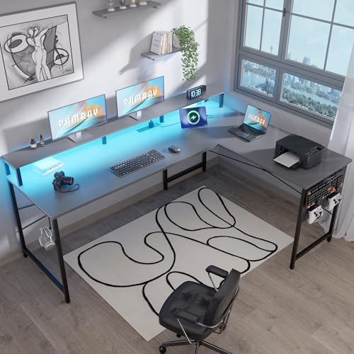 Pamray 64 Inch L Shaped Gaming Desk with Monitor Stand and Power Outlets by PAMRAY