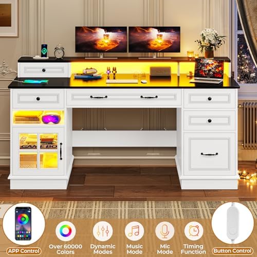 BTHFST 59.1" Executive Desk with File Drawer, Charging Station, White - Image 4