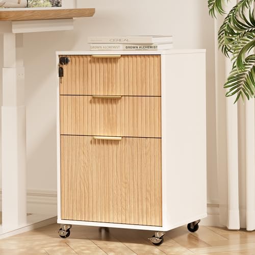 3 Drawers Fluted Mobile File Cabinet with Lock, Rolling File Cabinet Printer Stand Table, Under Desk Wooden Filing Cabinets for Home Office Essentials Storage Organization Furniture Letters/A4(Oak) by INNODToddlerTower