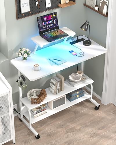 Height Adjustable Standing Desk with Power Outlets and LED Lights - 39" Manual Stand Up Desk with Monitor Stand and Storage Shelves Small Mobile Rolling Computer Desk Portable Laptop Table, White - Image 2