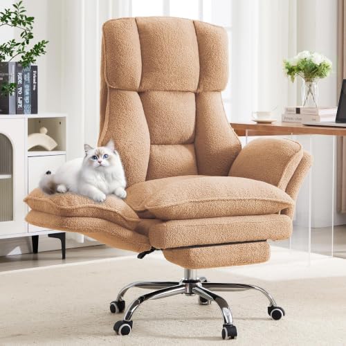 Big and Tall Office Chair with Flip Arms and Footrest, Teddy Criss Cross Legged Home Office Desk Chair with Pet Seat, Comfy Reclining Computer Gaming Chair, Khaki by choairy