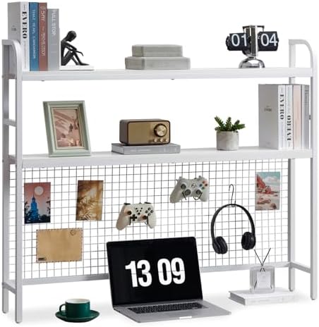 Desk Shelf, 45.3” Desktop Organizer Shelf with Grid Panel and Hooks, Desk Hutch for Computer Monitor, 2 Tier Desk Display Rack Wood Desktop Bookshelf Storage for Home Office Dorm (White, 45.3") by Grecodown