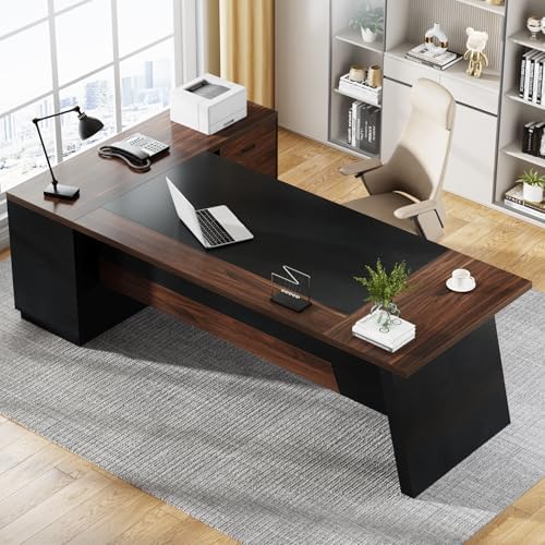Tribesigns 78" L-Shaped Executive Desk, Large Office Desk with Drawers and File Cabinet, Modern Business Furniture for Home Office (Walnut & Black) - Image 4