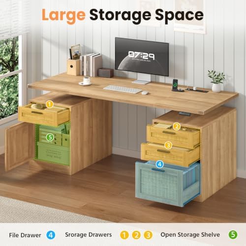 60" Rattan Electric Standing Desk with Drawers for Home Office, Oak - Image 3