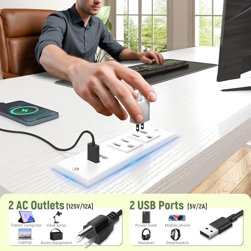 DurayLoly 47.2" Computer Desk with Power Outlet & Fabric Drawer,White - Image 6