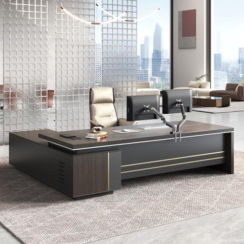 71" L-Shaped Executive Desk with Reversible Return, Office Desk for Home and Manager Office, Power Hub with USB-C HDMI RJ45, 3-Digit Lock Drawer, Storage Shelves and Privacy Panel, Gray Walnut by Huariifowm