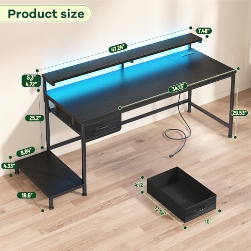 DurayLoly 47.2" Gaming Desk with Power Outlet and LED Lights,Bedroom,Black - Image 3