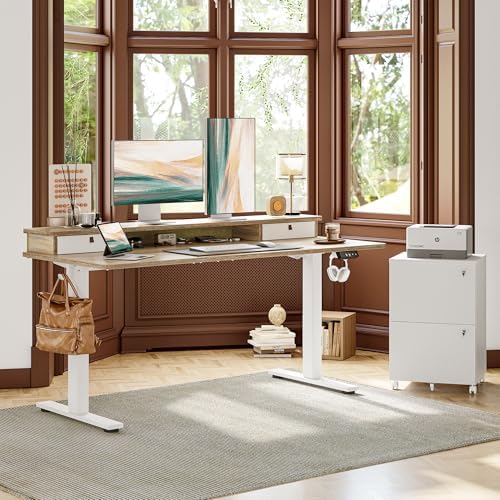 TIQLAB Standing Desk with Two Drawers, Stand Up Standing Desk Adjustable Height, Electric Sit Stand Table with Storage Shelf and Splice Board, 63 * 24 inch, Maple - Image 2