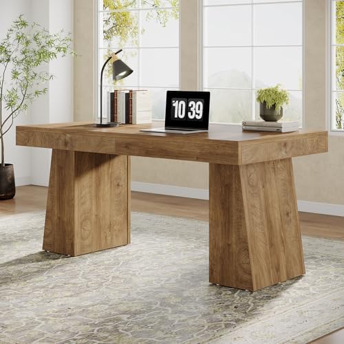 Tribesigns 55" Executive Desk, Wooden Office Desk with Double Pedestal, Modern Simple Computer Writing Table for Home Office, Light Brown by Tribesigns
