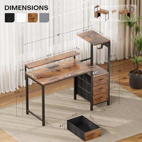 HLDIRECT 44 Inch Gaming Desk with Power Outlets & LED Lights, Rustic Brown - Image 3