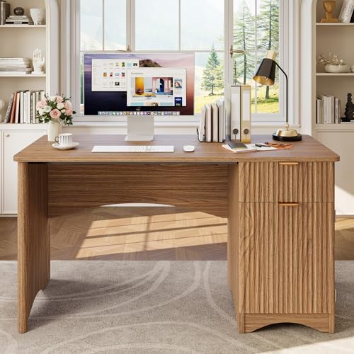 Bestier Computer Desk with Drawer, 47 inch Office Desk with Storage Cabinet, Modern Wood Desk Adjustable Shelves for Home Office Bedroom Study, Brown Oak by Bestier