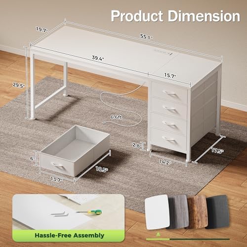 PRAISUN 55.1 Inch Computer Office Desk with Power Outelts and USB-C Port, Reversible Gaming Desk with 4 Fabric Drawers, Work Study Desk Work from Home, White - Image 3