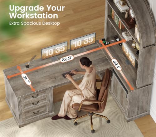 SEDETA 67" L Shaped Desk with Tall Arched Bookshelf & 3 Drawers Storage - Image 6