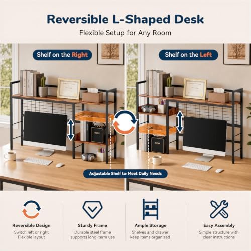 Desk Shelf, 44.9" Desk Hutch with Pegboard Hooks Set, Rustic Brown - Image 3