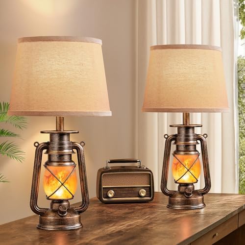 LEDIARY 18.72" Black Gold Lantern Flickering Flame Table Lamps Set of 2 by LEDIARY